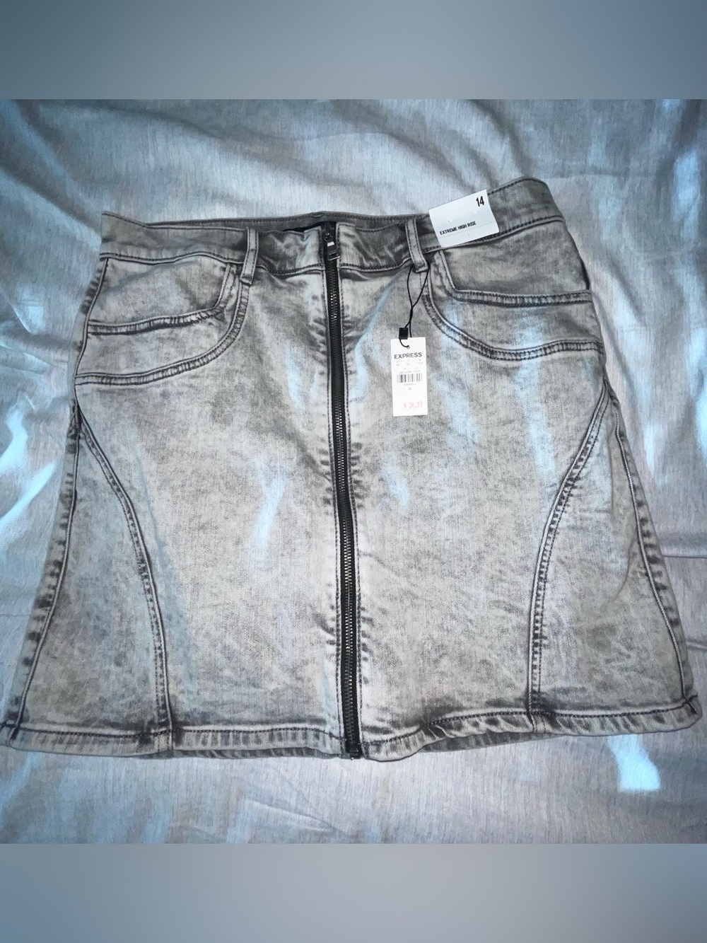 Express Gray Acid-Wash Front-Zip Mini Skirt